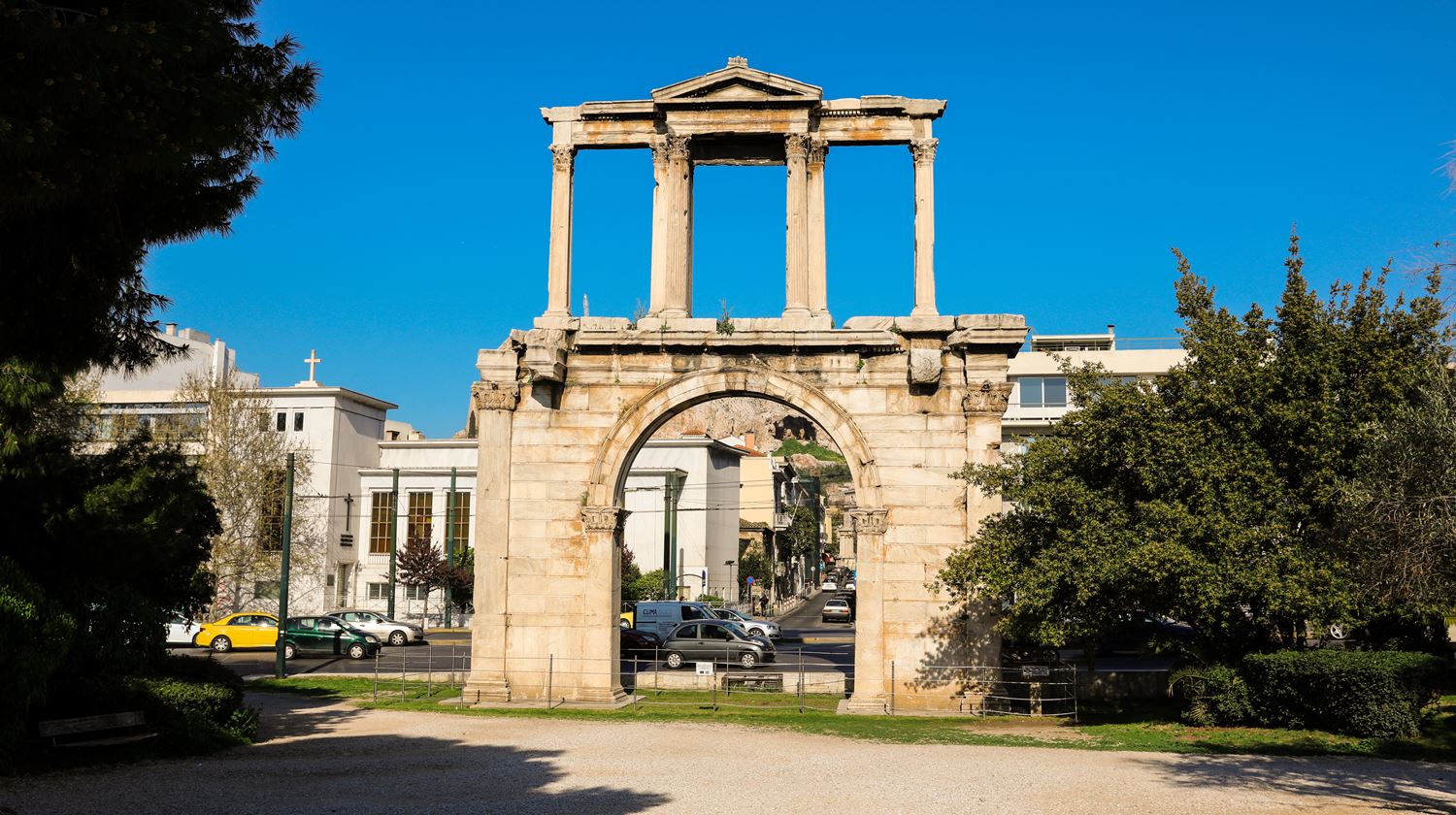 Hadrian's gate on a sunny day, Athens historical center, Greece. Horizontal.